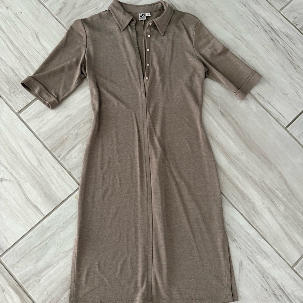 Classic Collared Knit Dress in Taupe with slits on each side. Size M.